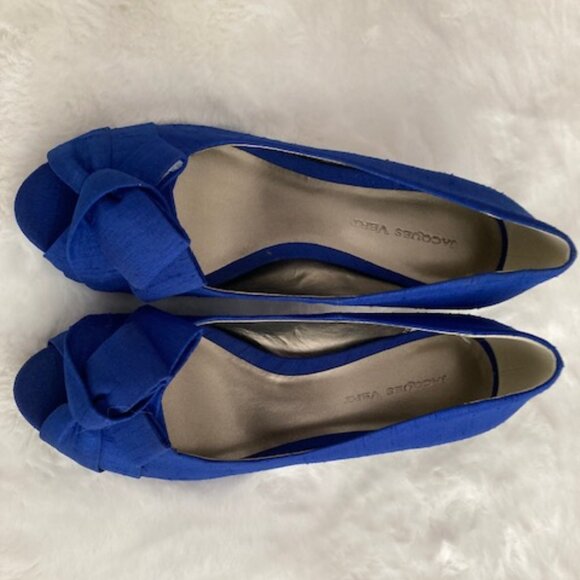 Brand New Designer Royal Blue Silk Peep Toe Mid Heels - Picture 1 of 4